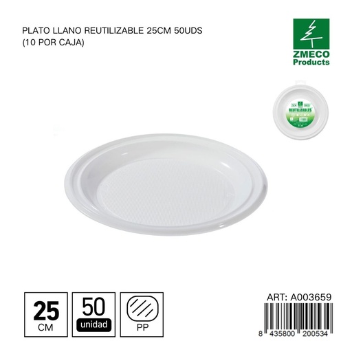 [A003659] Plato llano reutilizable 25 cm - Paquete de 50 unidades