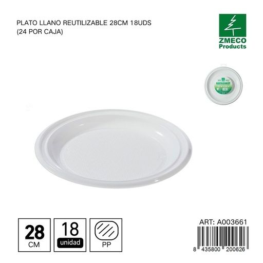 [A003661] Plato llano reutilizable 28 cm - Paquete de 18 unidades