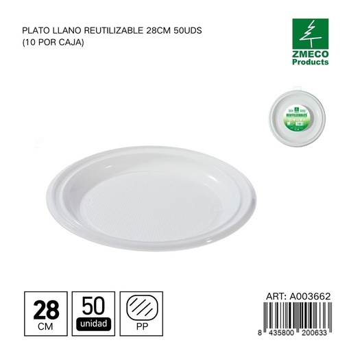 [A003662] Plato llano reutilizable 28 cm - Paquete de 50 unidades