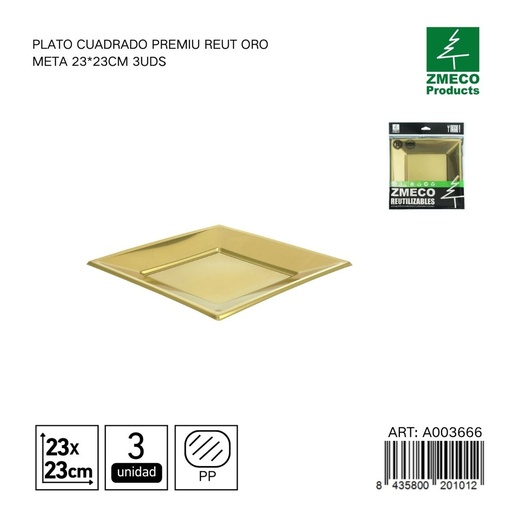 [A003666] Plato cuadrado premium reutilizable oro metal 23x23 cm - Paquete de 3 unidades