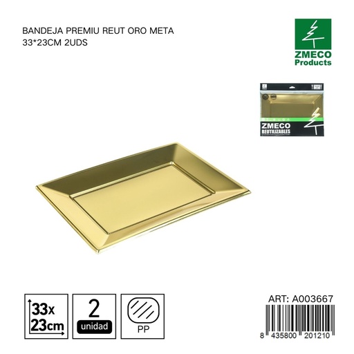 [A003667] Bandeja premium reutilizable oro metal 33x23 cm - Paquete de 2 unidades