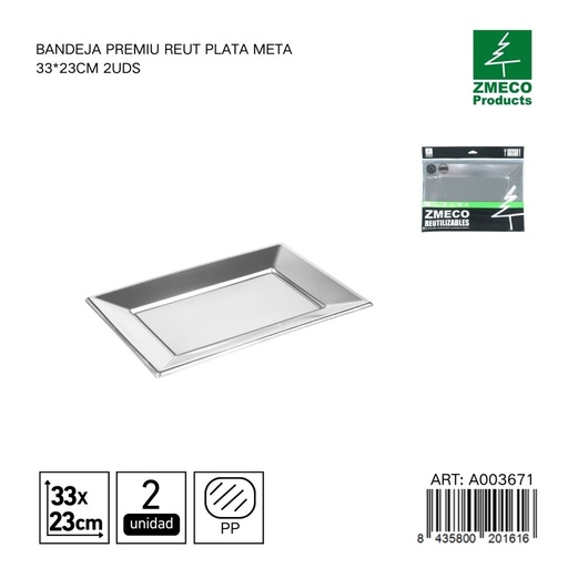 [A003671] Bandeja premium reutilizable plata metal 33x23 cm - Paquete de 2 unidades