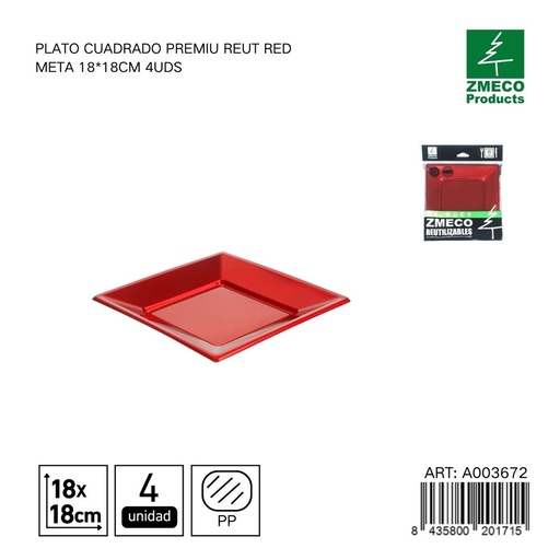 [A003672] Plato cuadrado premium reutilizable rojo metal 18x18 cm - Paquete de 4 unidades
