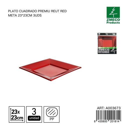 [A003673] Plato cuadrado premium reutilizable rojo metal 23x23 cm - Paquete de 3 unidades