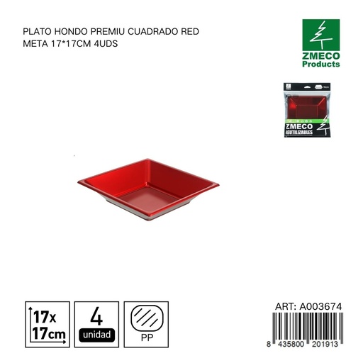 [A003674] Plato hondo premium cuadrado rojo metal 17x17 cm - Paquete de 4 unidades