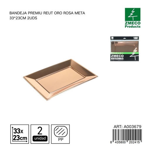 [A003679] Bandeja premium reutilizable oro rosa metal 33x23 cm - Paquete de 2 unidades