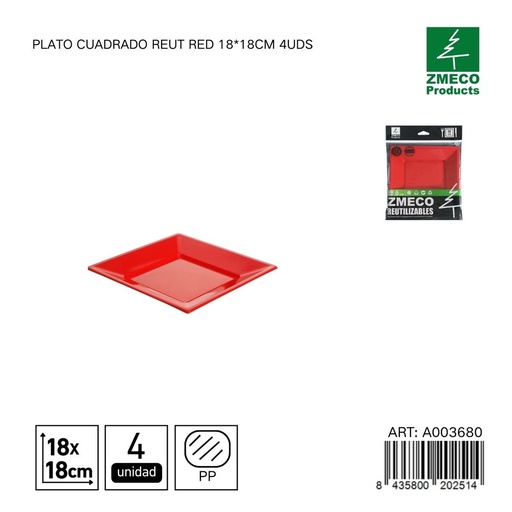 [A003680] Plato cuadrado reutilizable rojo 18x18 cm - Paquete de 4 unidades