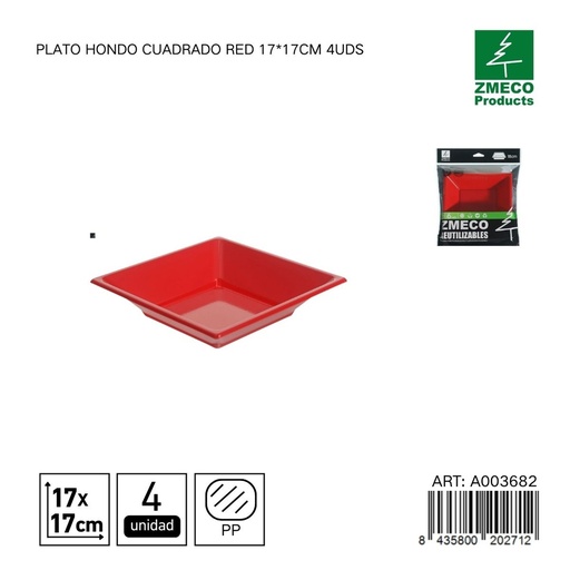 [A003682] Plato hondo cuadrado reutilizable rojo 17x17 cm - Paquete de 4 unidades
