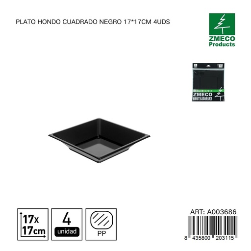 [A003686] Plato hondo cuadrado reutilizable negro 17x17 cm - Paquete de 4 unidades
