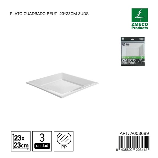 [A003689] Plato cuadrado reutilizable negro 23x23 cm - Paquete de 3 unidades