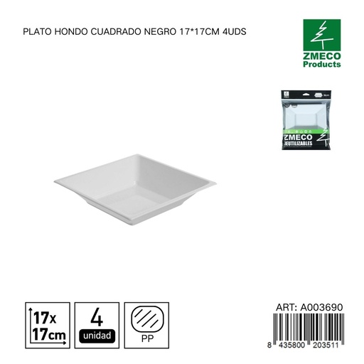 [A003690] Plato hondo cuadrado reutilizable negro 17x17 cm - Paquete de 4 unidades