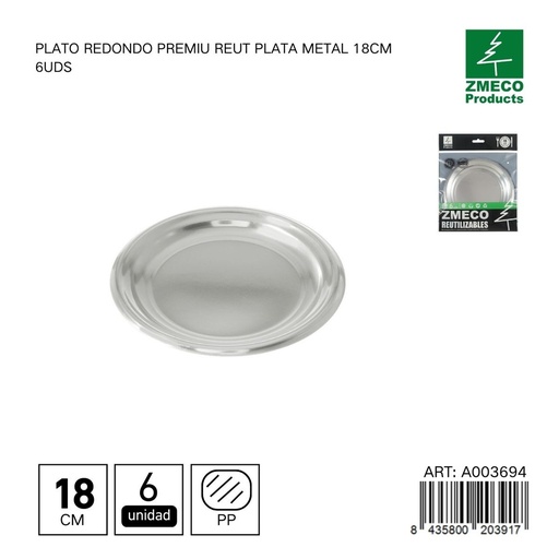 [A003694] Plato redondo premium reutilizable plata metal 18 cm - Paquete de 6 unidades