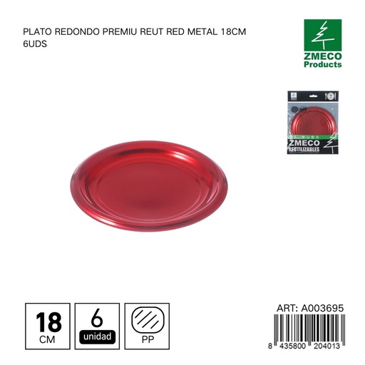 [A003695] Plato redondo premium reutilizable rojo metal 18 cm - Paquete de 6 unidades