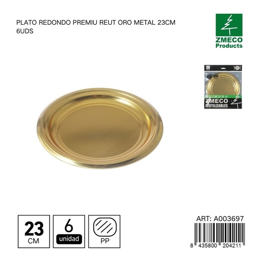 [A003697] Plato redondo premium reutilizable oro metal 23 cm - Paquete de 6 unidades