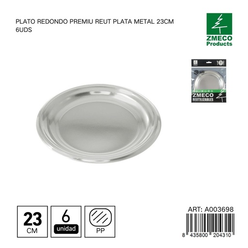 [A003698] Plato redondo premium reutilizable plata metal 23 cm - Paquete de 6 unidades