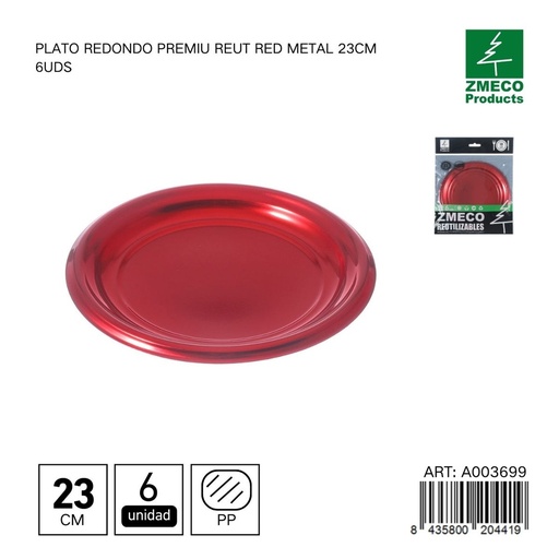 [A003699] Plato redondo premium reutilizable rojo metal 23 cm - Paquete de 6 unidades
