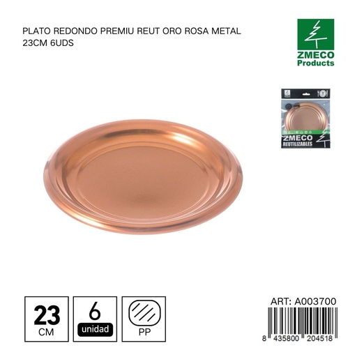 [A003700] Plato redondo de plástico Premium reutilizable oro rosa 23cm - Utensilios desechables y cocina