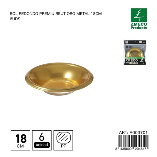 [A003701] Bol redondo de plástico Premium reutilizable oro 18cm - Utensilios desechables para cocina