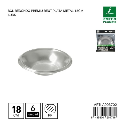 [A003702] Bol redondo de plástico Premium reutilizable plata 18cm - Utensilios desechables para cocina