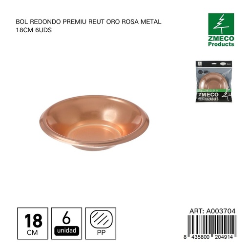 [A003704] Bol redondo de plástico Premium reutilizable oro rosa 18cm - Utensilios desechables para cocina