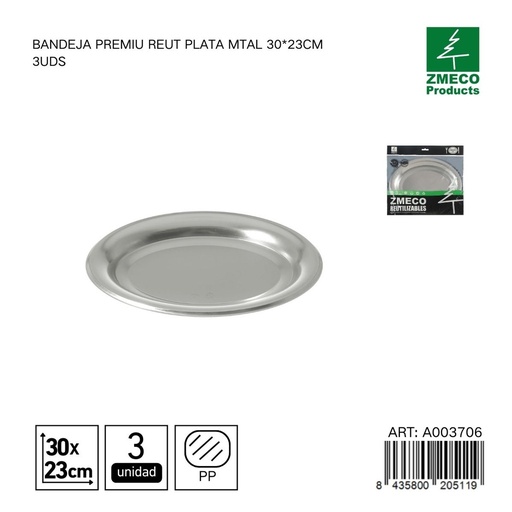[A003706] Bandeja de plástico Premium reutilizable plata 30*23cm - Utensilios desechables para cocina