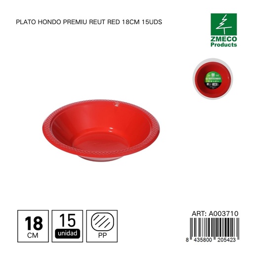 [A003710] Plato hondo de plástico Premium reutilizable rojo 18cm 15uds - Utensilios desechables para cocina
