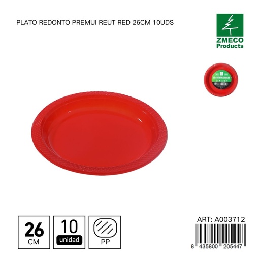 [A003712] Plato redondo de plástico Premium reutilizable rojo 26cm 10uds - Utensilios desechables para cocina