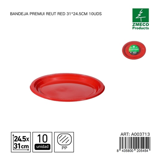 [A003713] Bandeja de plástico Premium reutilizable roja 31*24.5cm 10uds - Utensilios desechables para cocina