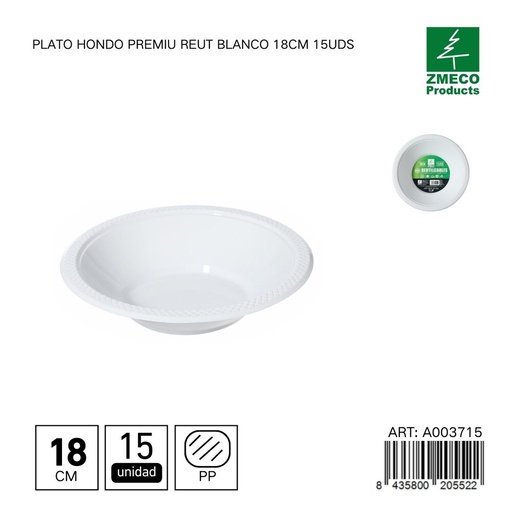 [A003715] Plato hondo de plástico Premium reutilizable blanco 18cm 15uds - Utensilios desechables para cocina