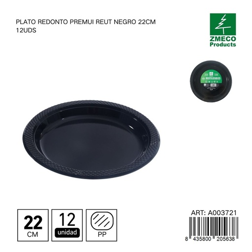 [A003721] Plato redondo de plástico Premium reutilizable negro 22cm 12uds - Utensilios desechables para cocina