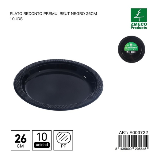 [A003722] Plato redondo de plástico Premium reutilizable negro 26cm 10uds - Utensilios desechables para cocina