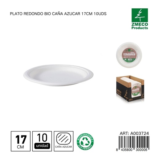 [A003724] Plato redondo biodegradable de caña de azúcar 17cm 10uds - Utensilios desechables y ecológicos