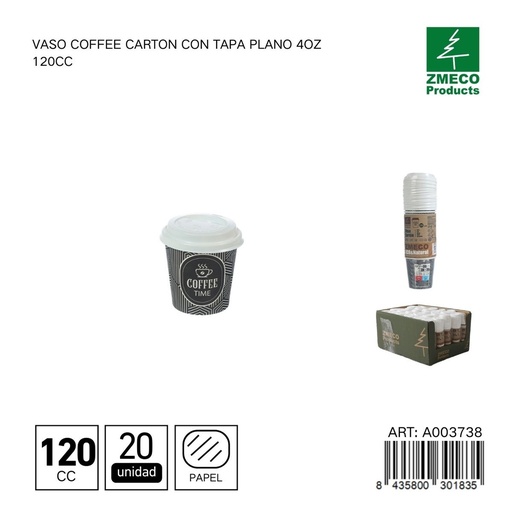 [A003738] Vaso de cartón con tapa plano para café 4oz 120cc - Utensilios desechables para bebidas