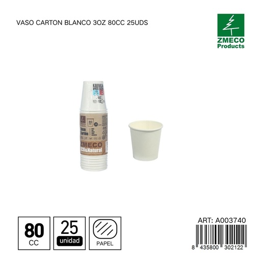 [A003740] Vaso de cartón blanco 3oz 80cc 25uds - Utensilios desechables para bebidas