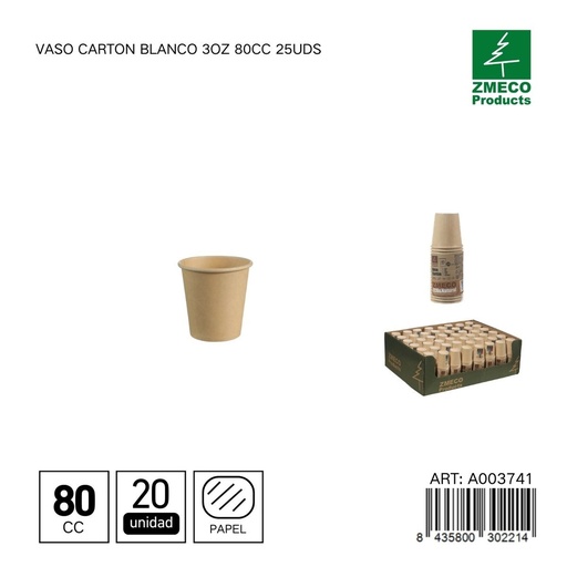 [A003741] Vaso carton kraft 3oz 80cc 20uds - Utensilios desechables para bebidas