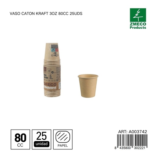 [A003742] Vaso carton kraft 3oz 80cc 25uds - Utensilios desechables para bebidas