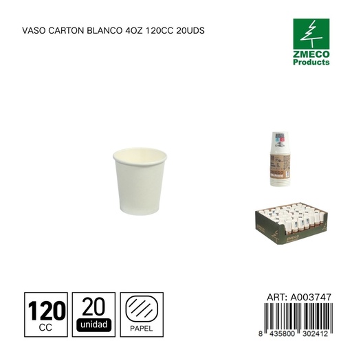 [A003747] Vaso de cartón blanco con tapa 4oz 120cc 20uds - Utensilios desechables para bebidas