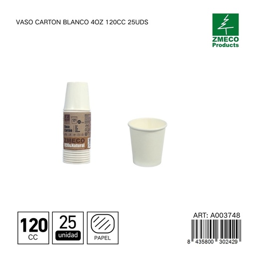 [A003748] Vaso de cartón blanco con tapa 4oz 120cc 25uds - Utensilios desechables para bebidas