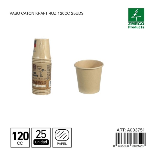 [A003751] Vaso carton kraft con tapa 4oz 120cc 25uds - Utensilios desechables para bebidas