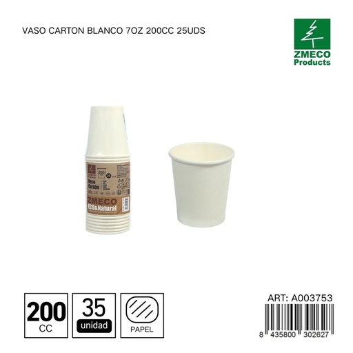 [A003753] Vaso de cartón blanco 7oz 200cc 25uds - Utensilios desechables para bebidas