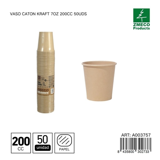 [A003757] Vaso carton kraft 7oz 200cc 50uds - Utensilios desechables para bebidas