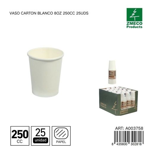 [A003758] Vaso de cartón blanco 8oz 250cc 25uds - Utensilios desechables para bebidas