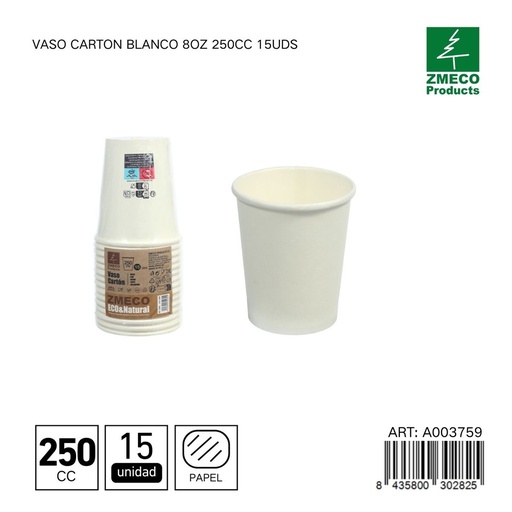 [A003759] Vaso de cartón blanco 8oz 250cc 15uds - Utensilios desechables para bebidas