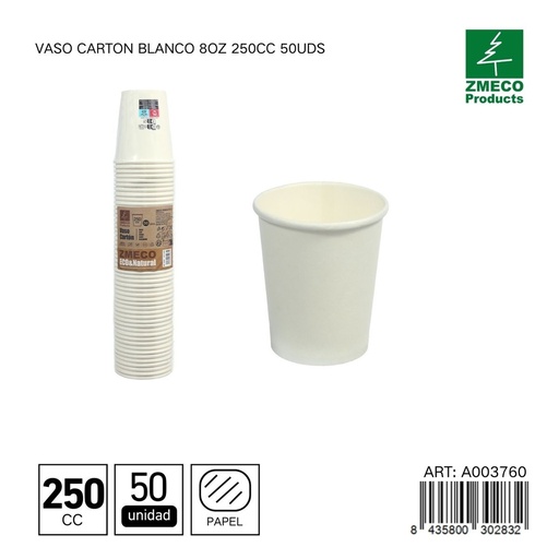 [A003760] Vaso de cartón blanco 8oz 250cc 50uds - Utensilios desechables para bebidas