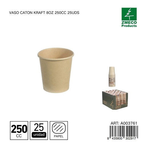 [A003761] Vaso carton kraft 8oz 250cc 25uds - Utensilios desechables para bebidas