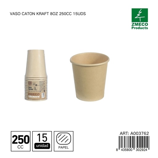 [A003762] Vaso carton kraft 8oz 250cc 15uds - Utensilios desechables para bebidas
