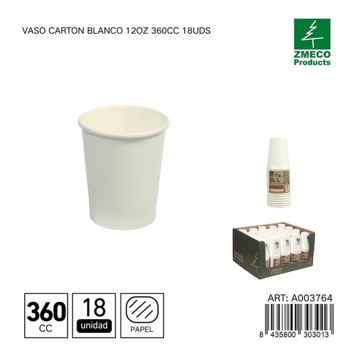 [A003764] Vaso de cartón blanco 12oz 360cc 18uds - Utensilios desechables para bebidas
