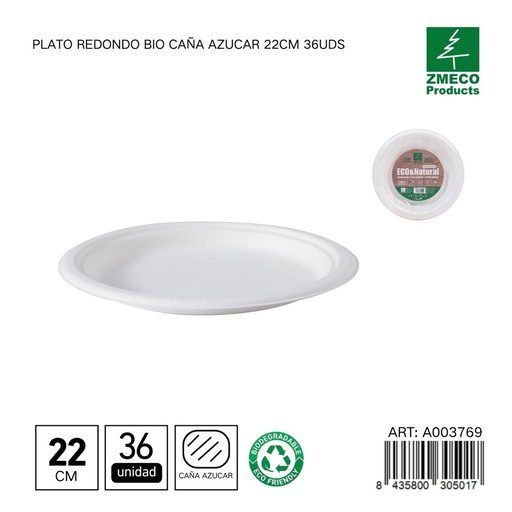 [A003769] Plato redondo biodegradable de caña de azúcar 22cm 36uds - Utensilios desechables y ecológicos