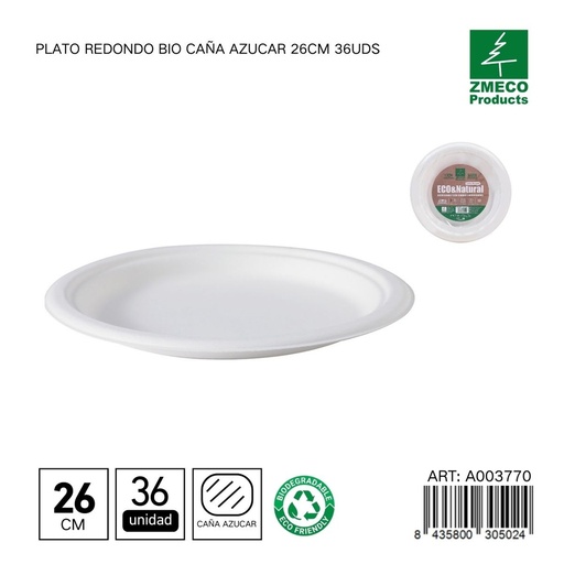 [A003770] Plato redondo biodegradable de caña de azúcar 26cm 36uds - Utensilios desechables y ecológicos