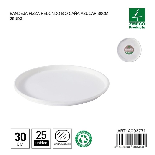 [A003771] Bandeja de pizza redonda biodegradable de caña de azúcar 30cm 25uds - Utensilios desechables y ecológicos